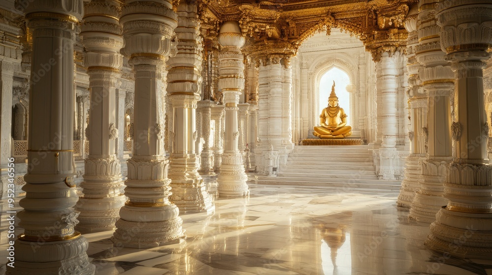 Serene Jain temple interior with soft lighting, no people, tranquil atmosphere, copy space Serene Jain temple interior with soft lighting, no people, tranquil atmosphere, copy space