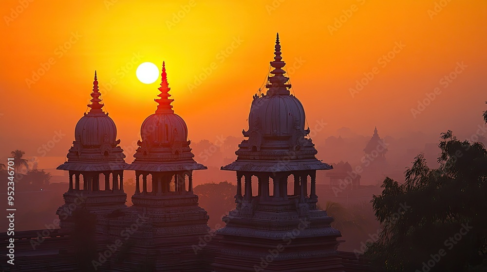 Obraz premium Serene Jain temple spires against a golden sunset, no people, tranquil setting, copy space
