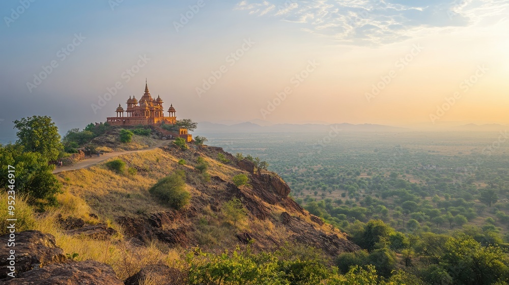 Obraz premium Serene landscape with distant Jain temple on a hill, no people, clear sky, copy space available