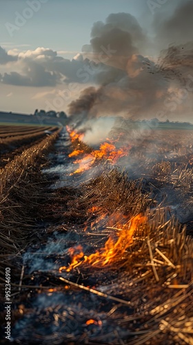 Stubble burning in fields showing environmental impact and air pollution