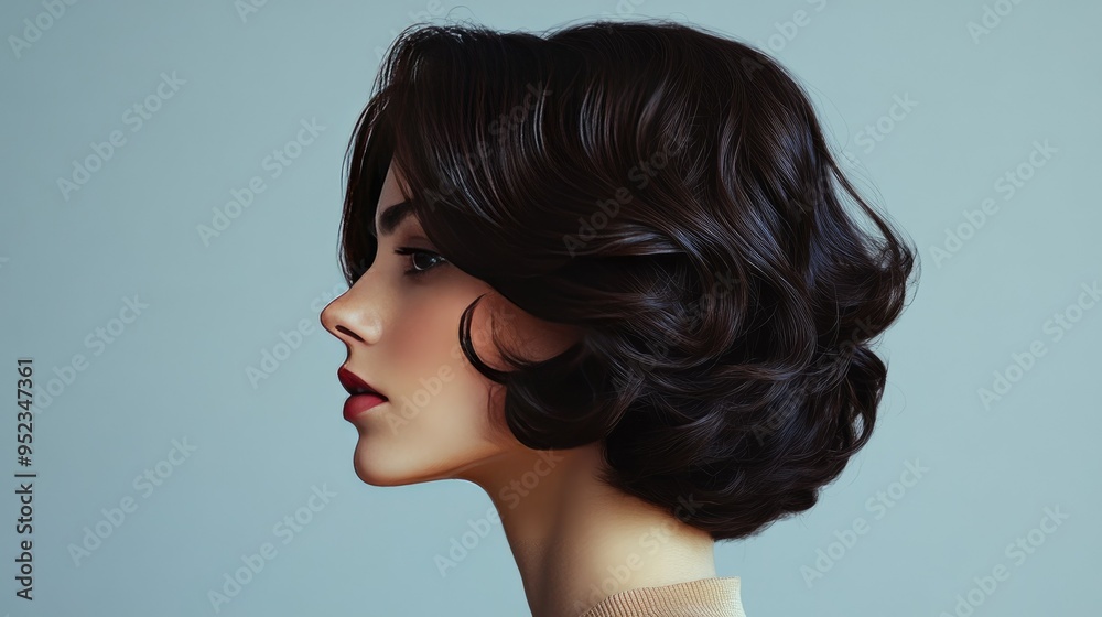 A side view of a layered bob with soft curls, giving a voluminous and chic appearance, ideal for a trendy style. A side view of a layered bob with soft curls, giving a voluminous and chic appearance, ideal for a trendy style.