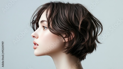 A side view of a short, textured bob with tousled waves, giving a playful and youthful appearance.