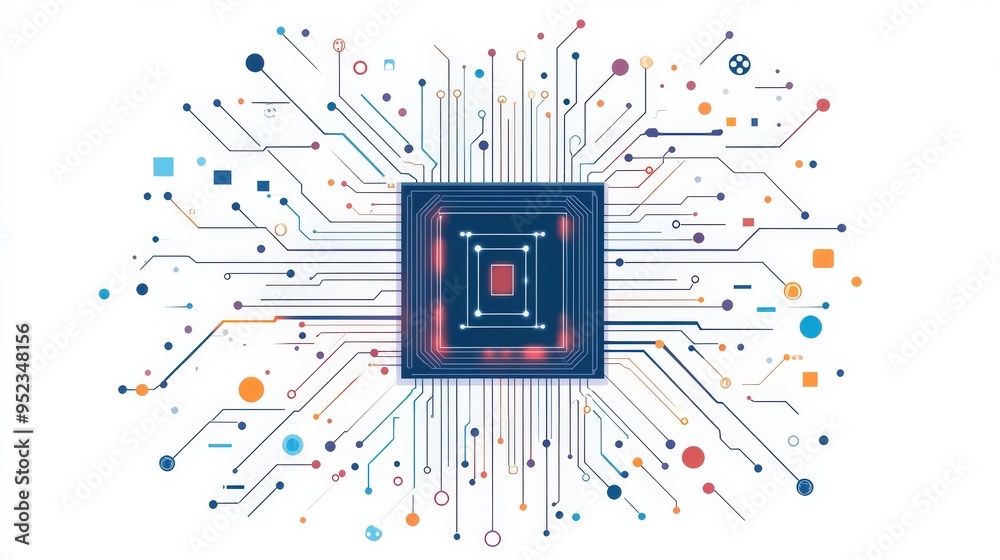 Fototapeta premium Abstract computer chip, simple lines, minimal flat design illustration on white background, copy space for stock photo with minimal concept, No logo, No Trademark, No text
