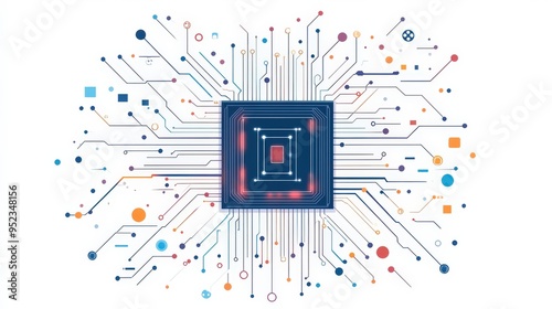 Abstract computer chip, simple lines, minimal flat design illustration on white background, copy space for stock photo with minimal concept, No logo, No Trademark, No text
