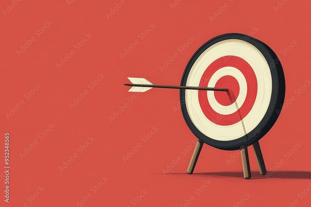 Bullseye target with arrow, clean design, minimal flat design illustration on white background, copy space for stock photo with minimal concept, No logo, No Trademark, No text Bullseye target with arrow, clean design, minimal flat design illustration on white background, copy space for stock photo with minimal concept, No logo, No Trademark, No text