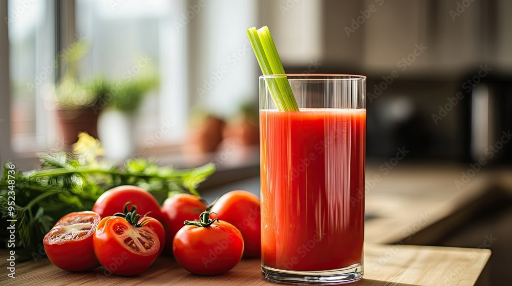 A tall glass of chilled tomato juice with a celery stick, placed on a kitchen counter with fresh tomatoes. A tall glass of chilled tomato juice with a celery stick, placed on a kitchen counter with fresh tomatoes.