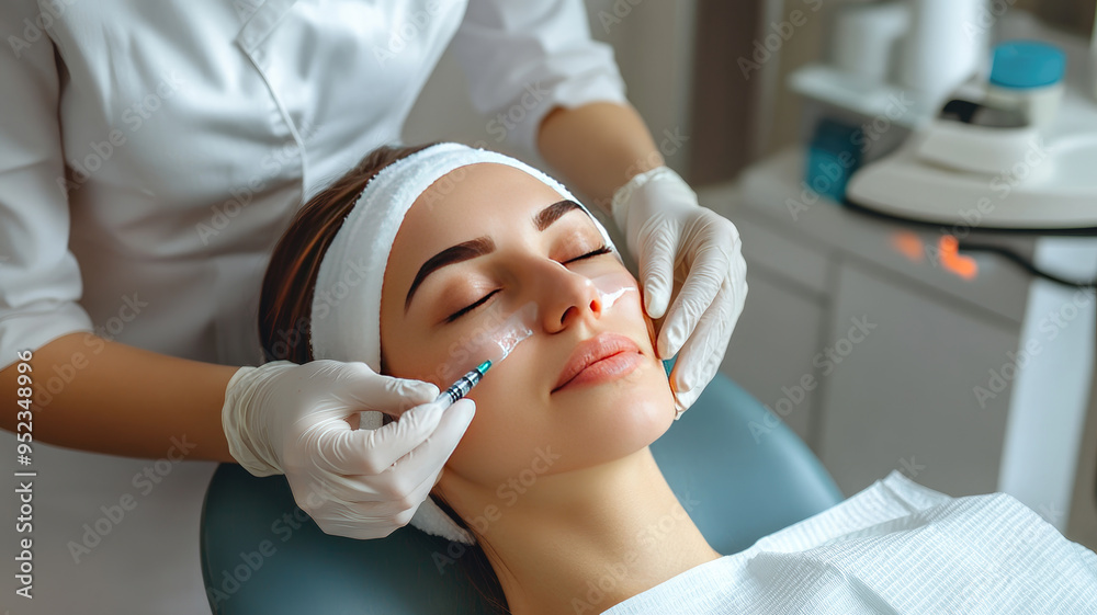 Obraz premium A woman receives a facial beauty treatment in a spa or clinic. Aesthetician applies a cosmetic injection with precision, enhancing her natural beauty. Relaxed, professional, skincare.