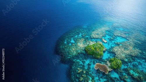 A top view of a coral atoll surrounded by deep blue sea, with clear water revealing the vibrant coral below.
