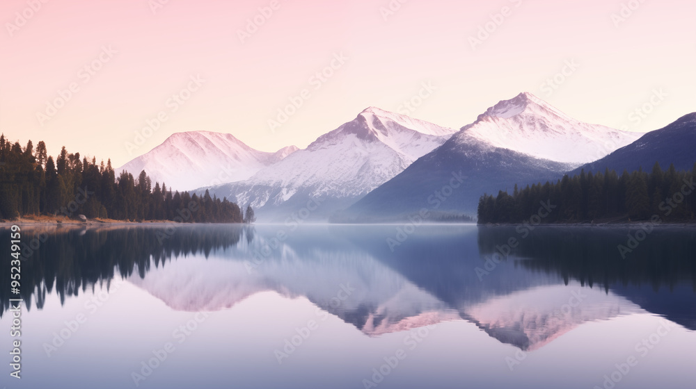 Snow-Covered Mountain Range Reflected in a Pristine Lake at Sunrise