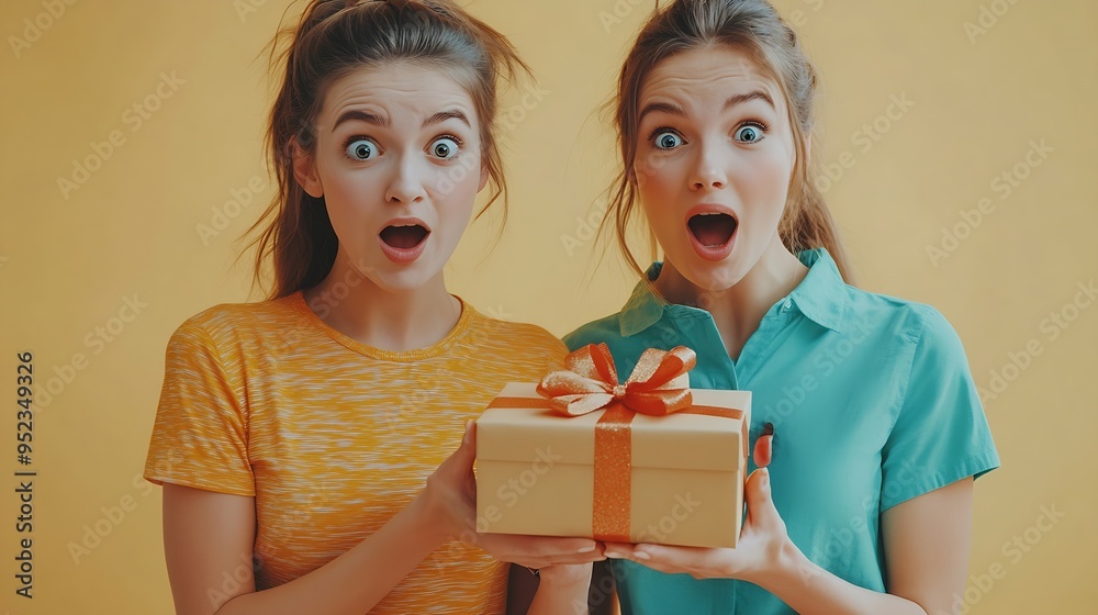 Shocked fun young friends two women wears orange green shirt casual clothes together give present box with gift ribbon bow isolated on plain pastel beige background studio portrait Lif : Generative AI Shocked fun young friends two women wears orange green shirt casual clothes together give present box with gift ribbon bow isolated on plain pastel beige background studio portrait Lif : Generative AI