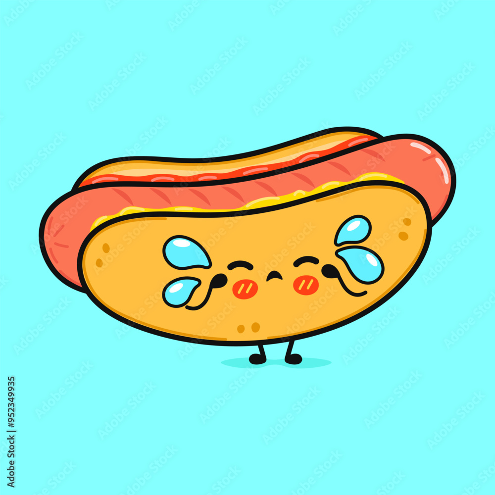 Crying Hot dog character. Vector hand drawn cartoon kawaii character illustration icon. Isolated on blue background. Sad Hot dog character concept Crying Hot dog character. Vector hand drawn cartoon kawaii character illustration icon. Isolated on blue background. Sad Hot dog character concept