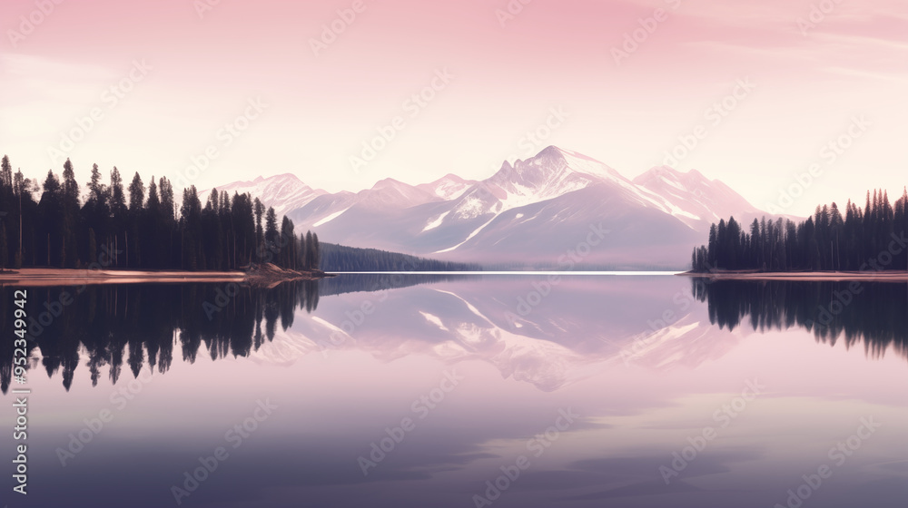 Scenic Alpine Lake at Dawn with Reflected Snow-Capped Peaks and Forests Scenic Alpine Lake at Dawn with Reflected Snow-Capped Peaks and Forests