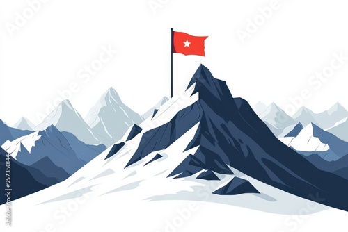 Mountain peak with flag, simple geometric shapes, minimal flat design illustration on white background, copy space for stock photo with minimal concept, No logo, No Trademark, No text