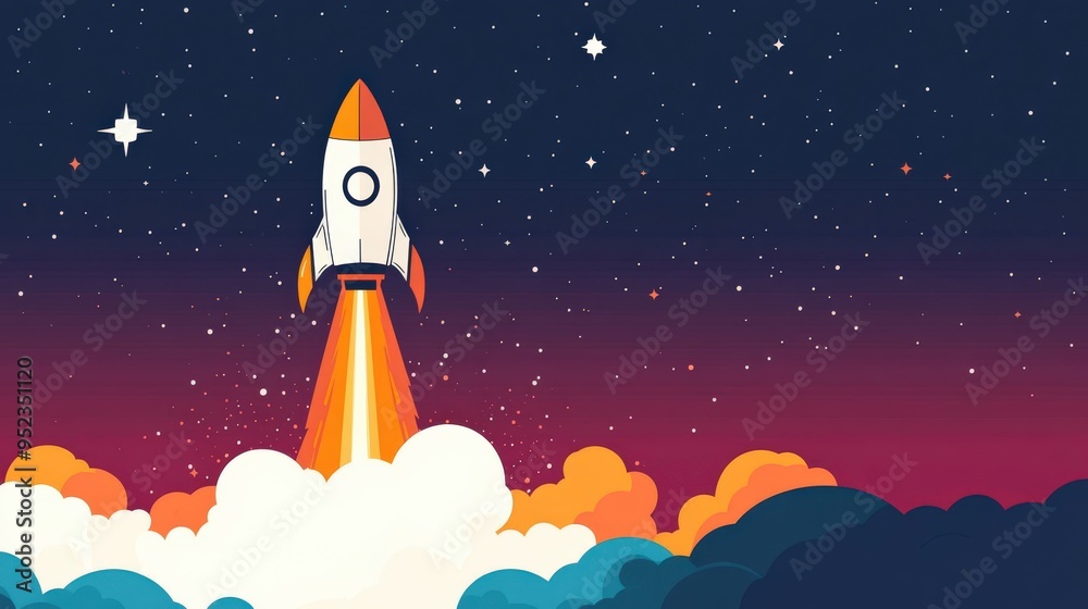 Fototapeta premium Rocket launching to a star, simple shapes, minimal flat design illustration on white background, copy space for stock photo with minimal concept, No logo, No Trademark, No text