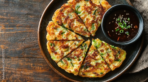 Top view of a crispy serving of Korean vegetable pancakes, yachae jeon, with dipping sauce. Copy space. photo