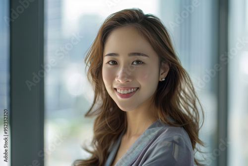 Attractive woman with flowing brown hair smiles softly against a bright, blurred office window background. Free Download Attractive woman with flowing brown hair smiles softly against a bright, blurred office window background. - GFXLoad