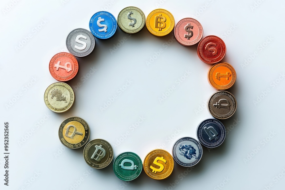 Currency symbols in a circle, minimalist style, flat design illustration on white background, copy space for stock photo with minimal concept, No logo, No Trademark, No text Currency symbols in a circle, minimalist style, flat design illustration on white background, copy space for stock photo with minimal concept, No logo, No Trademark, No text