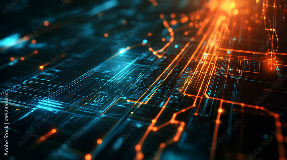 Digital background perfect for tech processes, neural networks, artificial intelligence, data transfer and encryption, digital archives, sound and graphic presentations, science, education, etc. Stock