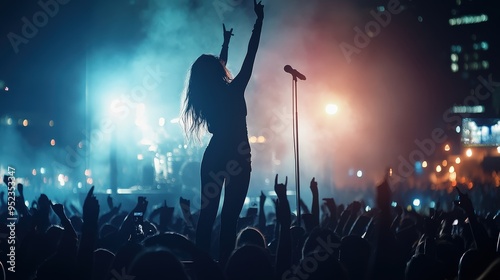 A girl group rock star performs on stage in front of a large crowd silhouette. Cyberpunk tone Bokeh photo