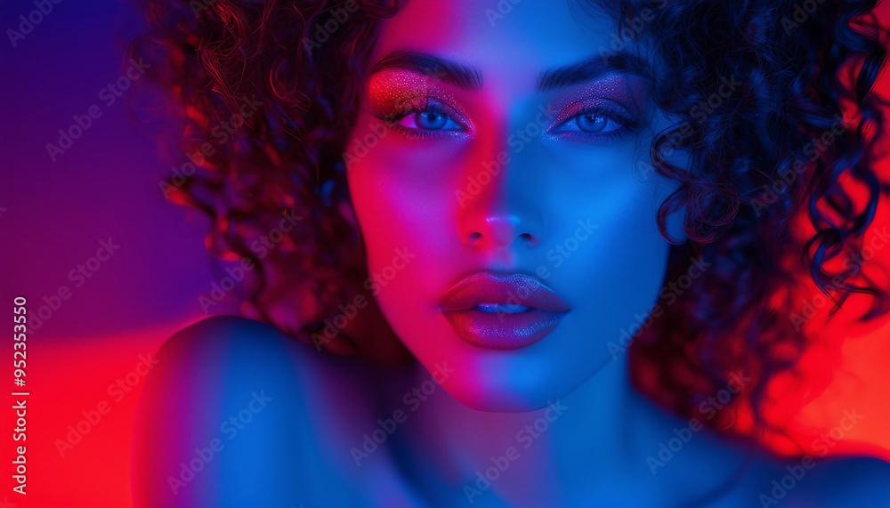 A striking portrait of a woman with curly hair, her face illuminated by vibrant red and blue neon A striking portrait of a woman with curly hair, her face illuminated by vibrant red and blue neon