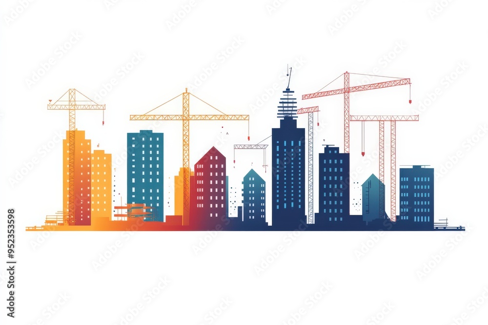 Building under construction, simple geometric shapes, minimal flat design illustration on white background, copy space for stock photo with minimal concept, No logo, No Trademark, No text Building under construction, simple geometric shapes, minimal flat design illustration on white background, copy space for stock photo with minimal concept, No logo, No Trademark, No text