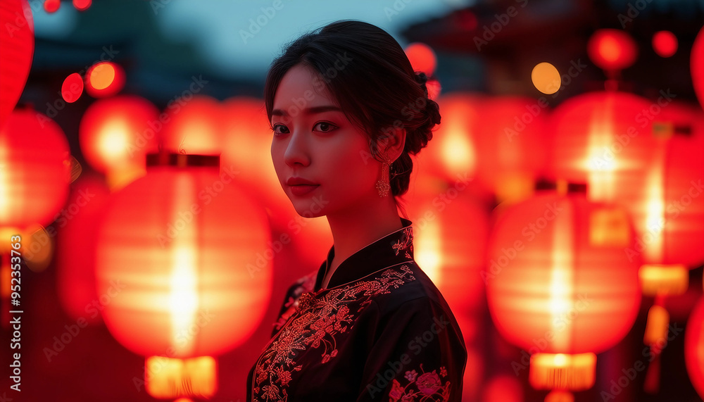 A vibrant portrait of a woman standing amidst glowing red lanterns, set in an atmospheric evening A vibrant portrait of a woman standing amidst glowing red lanterns, set in an atmospheric evening