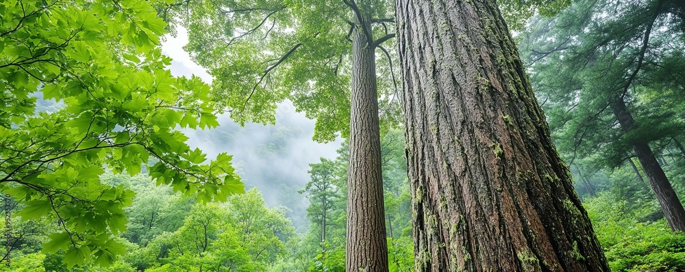 Naklejka premium Rainy forest with tall trees, fog enveloping the towering trunks, moody and atmospheric, sense of isolation in nature