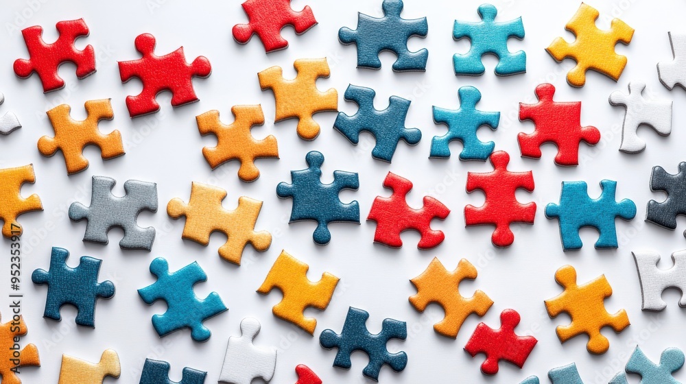 Naklejka premium Puzzle pieces coming together, minimalist style, flat design illustration on white background, copy space for stock photo with minimal concept, No logo, No Trademark, No text