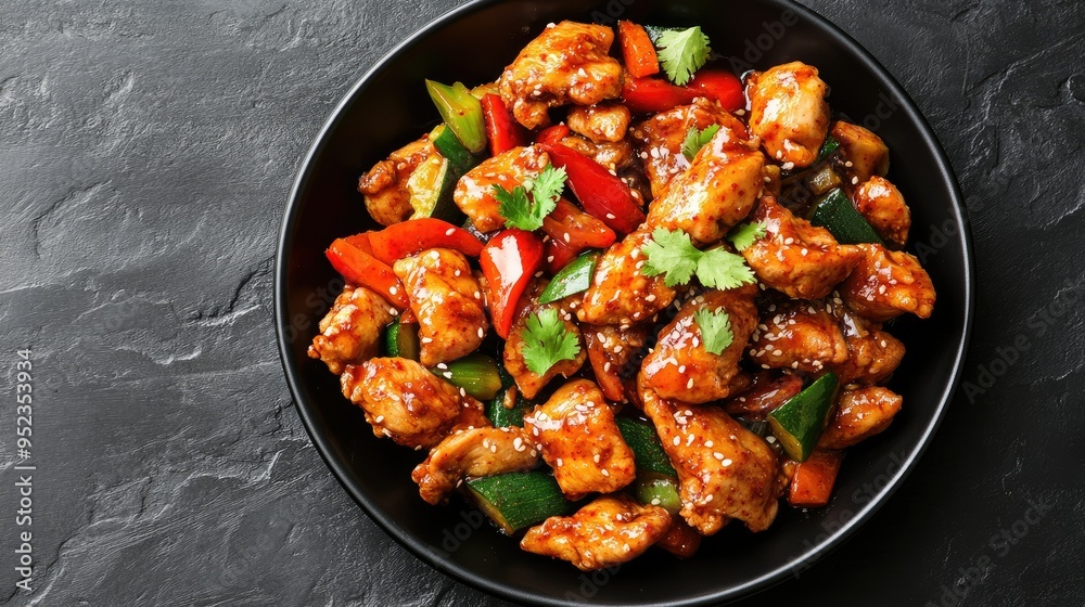 Top view of a flavorful plate of dakgalbi, spicy stir-fried chicken with vegetables. Copy space. Top view of a flavorful plate of dakgalbi, spicy stir-fried chicken with vegetables. Copy space.