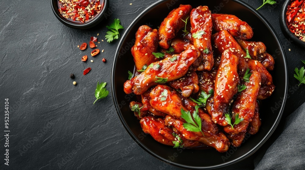 Top view of a flavorful serving of Korean spicy braised chicken feet, dakbal. Copy space.