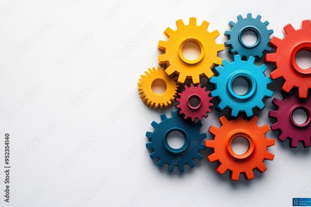 Gears interlocking, representing growth, minimal flat design illustration on white background, copy space for stock photo with minimal concept, No logo, No Trademark, No text Gears interlocking, representing growth, minimal flat design illustration on white background, copy space for stock photo with minimal concept, No logo, No Trademark, No text