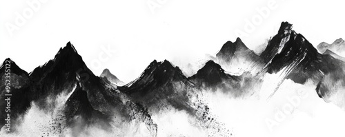 A brushed ink and black and white artwork of a mountain range
