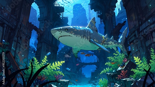 Shark swimming in underwater ruins photo