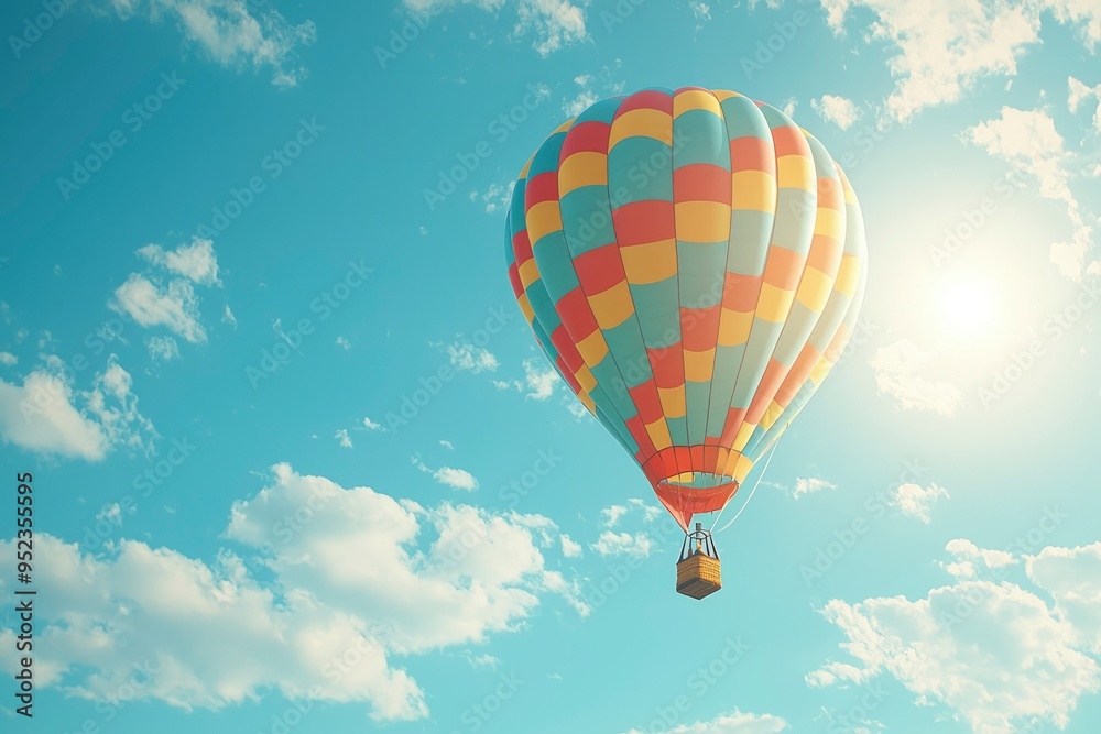 Fototapeta premium Colorful Hot Air Balloon Soaring Through a Blue Sky with White Clouds