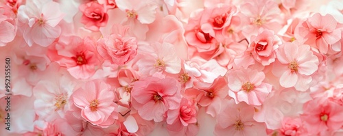 A large arrangement of pink flowers on a background of white and pink flowers.