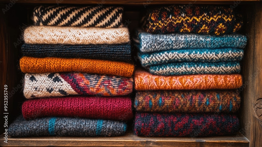 A top view of neatly arranged colorful sweaters stacked on a wooden shelf, showcasing various textures and patterns. A top view of neatly arranged colorful sweaters stacked on a wooden shelf, showcasing various textures and patterns.