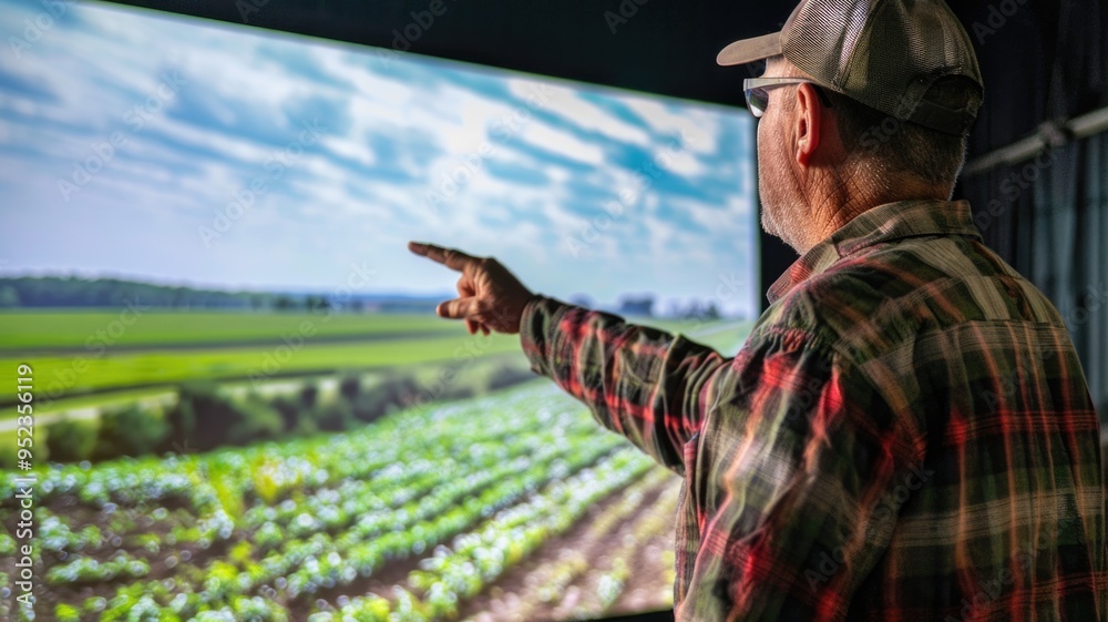 A farmer points at a large screen showing detailed images of crop fields A farmer points at a large screen showing detailed images of crop fields
