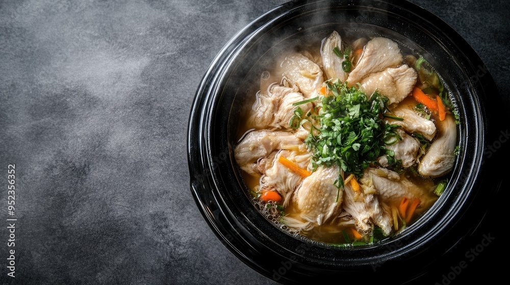 Top view of a steaming hot bowl of Korean ginseng chicken soup, samgyetang. Copy space. Top view of a steaming hot bowl of Korean ginseng chicken soup, samgyetang. Copy space.