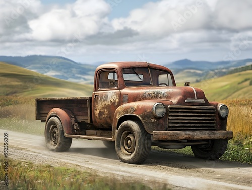 Weathered Vintage Pickup Truck Driving Down Scenic Country Road