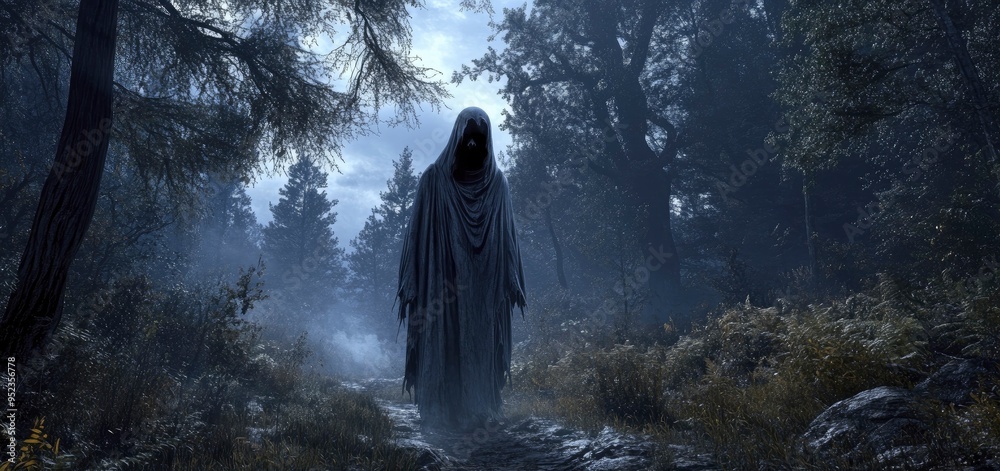 A ghost in a pitch-black forest, eerie figure posing A ghost in a pitch-black forest, eerie figure posing