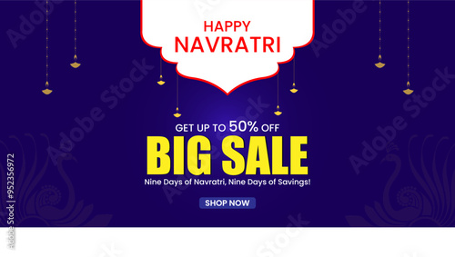Navratri Sale Ad Dark blue with hanging diyas swans Happy Navratri 50 percent  Off Big Sale
