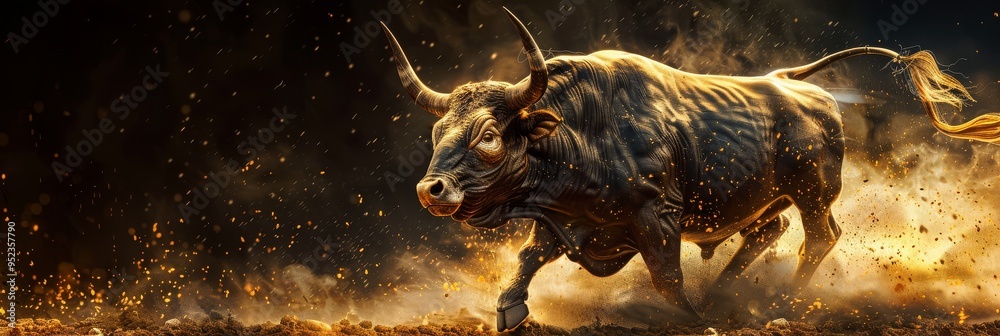 Fierce Bull Charging Forward Symbolizing Stock Market's Rise with Intense Dark Background Fierce Bull Charging Forward Symbolizing Stock Market's Rise with Intense Dark Background