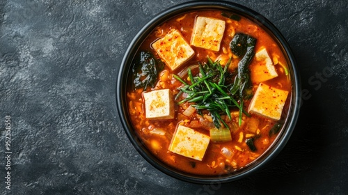 Top view of a vibrant bowl of Korean soybean paste stew, doenjang jjigae, with tofu. Copy space.