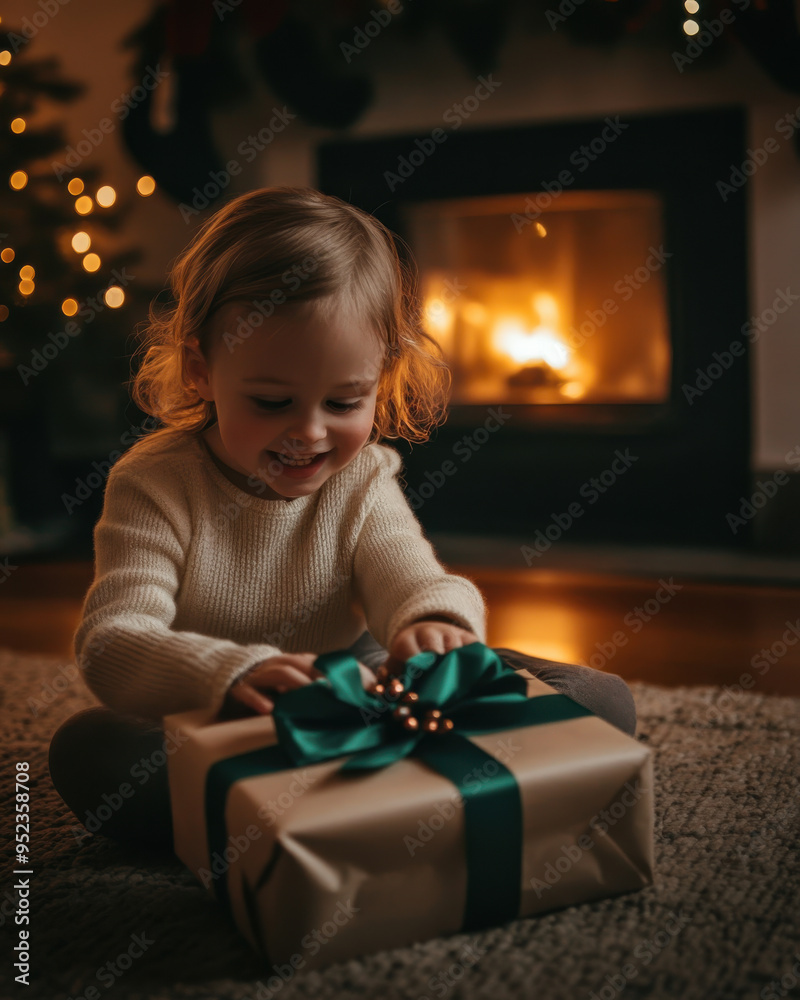 Child opening a beautifully wrapped Christmas present Child opening a beautifully wrapped Christmas present