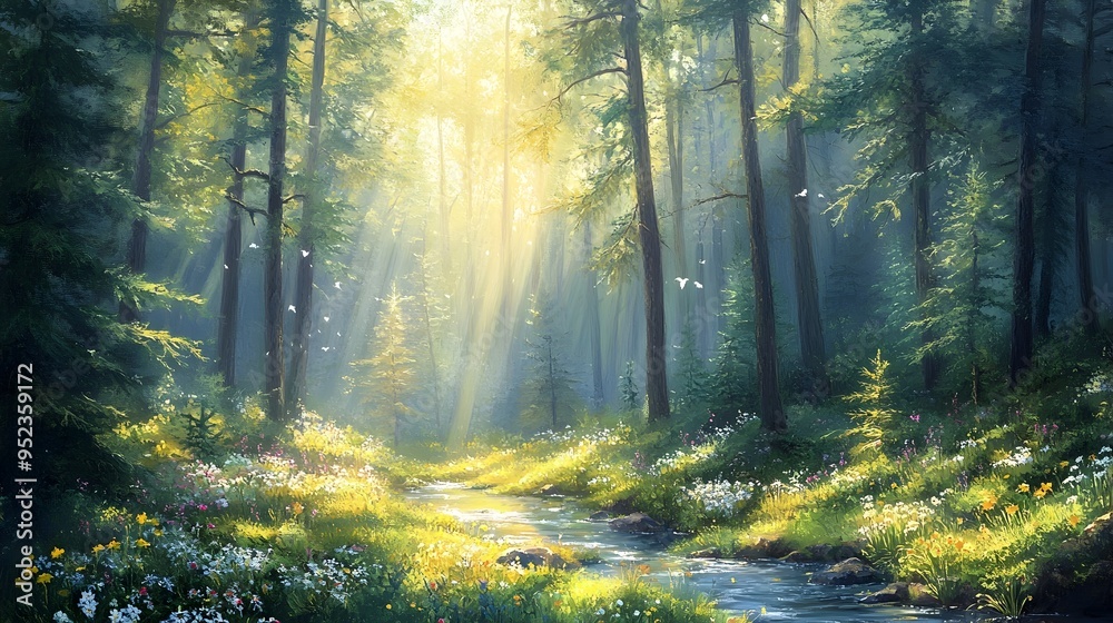 Tranquil Impressionist Forest Landscape with Winding Creek and Wildflowers Tranquil Impressionist Forest Landscape with Winding Creek and Wildflowers