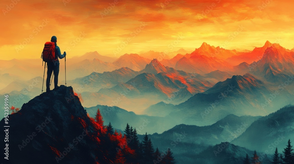 A hiker with trekking poles stands on a mountain peak, overlooking a dramatic landscape of layered mountains bathed in fiery orange and red hues at sunset.
A hiker with trekking poles stands on a mountain peak, overlooking a dramatic landscape of layered mountains bathed in fiery orange and red hues at sunset.