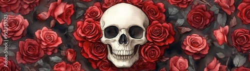 A striking design featuring a skull surrounded by vibrant red roses, symbolizing the blend of beauty and mortality.