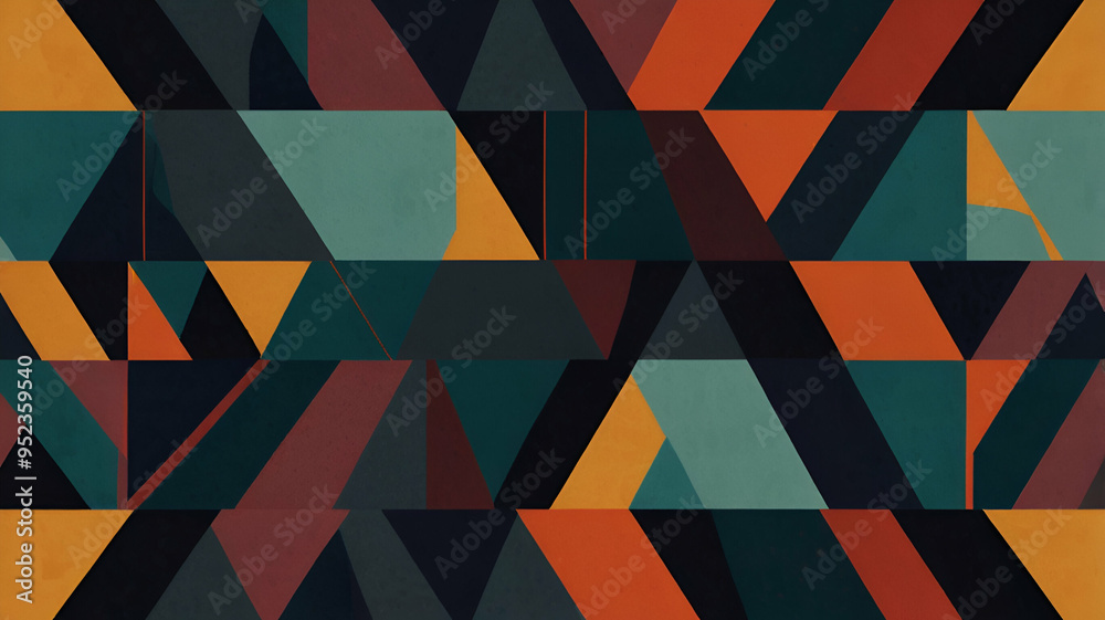 A modern abstract pattern with bold, contrasting colors and sharp, geometric shapes layered to create depth and interest. Background