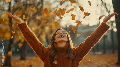 Casual Joyful Woman Having Fun Throwing Leaves in Autumn Park, Autumn leaves flying, Generative AI