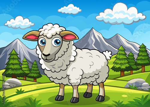 cartoon vector illustration of sheep, green field with mountains isolated background, countryside farm life